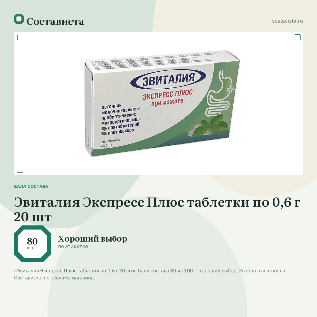 Эвиталия Экспресс Плюс таблетки по 0,6 г 20 шт: балл состава 80 из 100 — Состависта