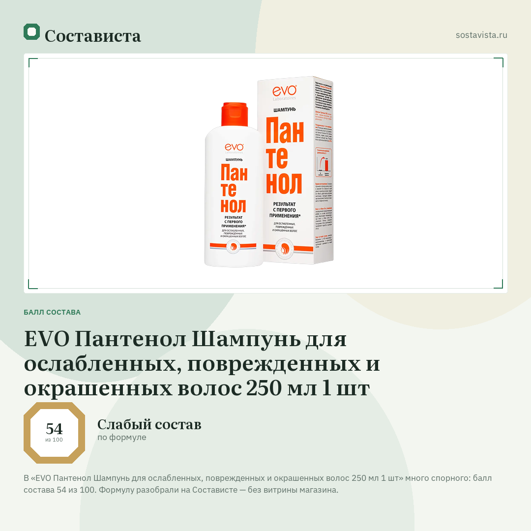EVO Пантенол Шампунь для ослабленных, поврежденных и окрашенных волос 250 мл 1 шт: балл состава 54 из 100 — Состависта