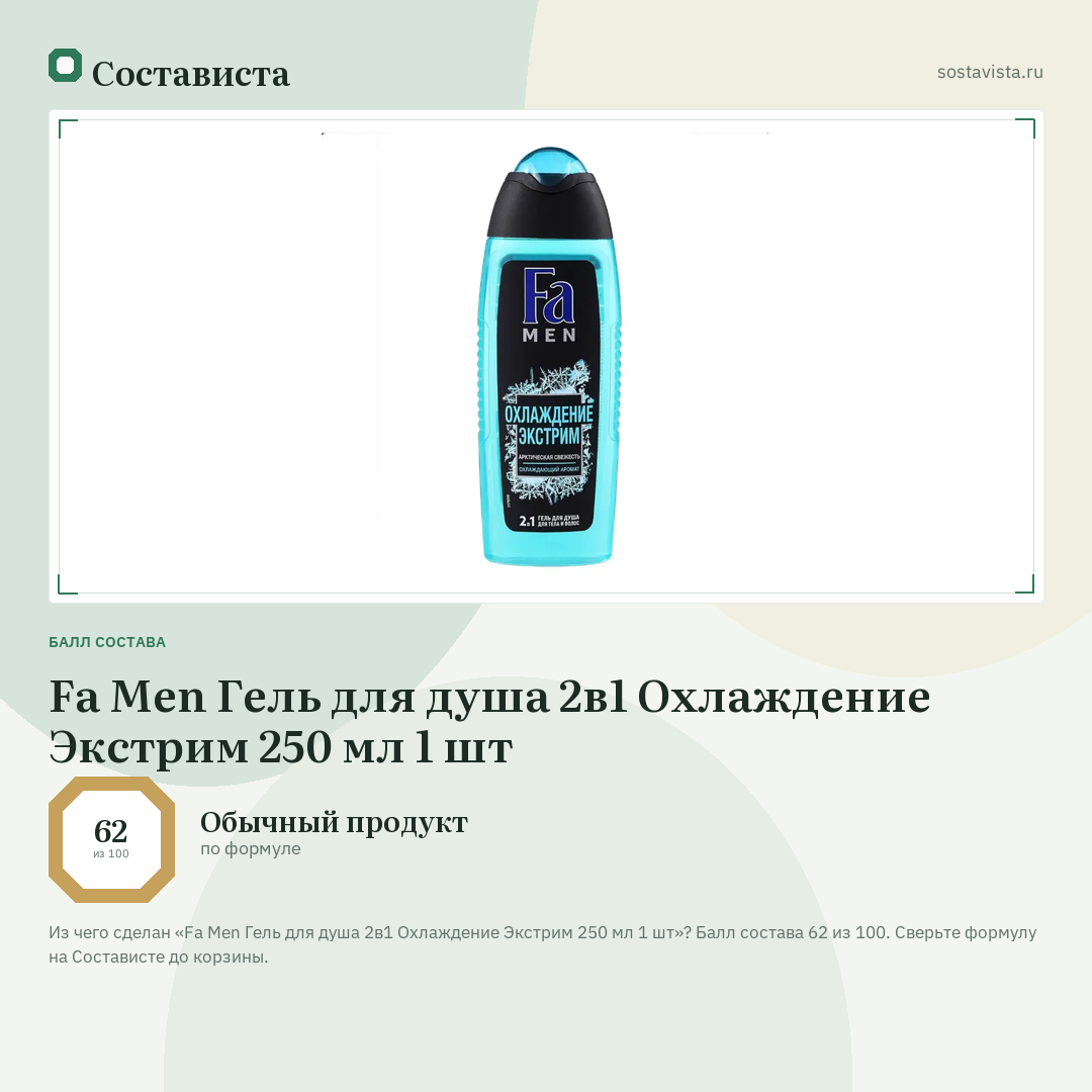 Fa Men Гель для душа 2в1 Охлаждение Экстрим 250 мл 1 шт: балл состава 62 из 100 — Состависта