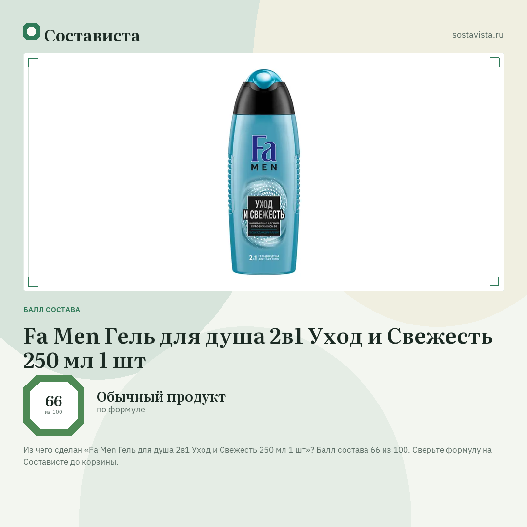 Fa Men Гель для душа 2в1 Уход и Свежесть 250 мл 1 шт: балл состава 66 из 100 — Состависта