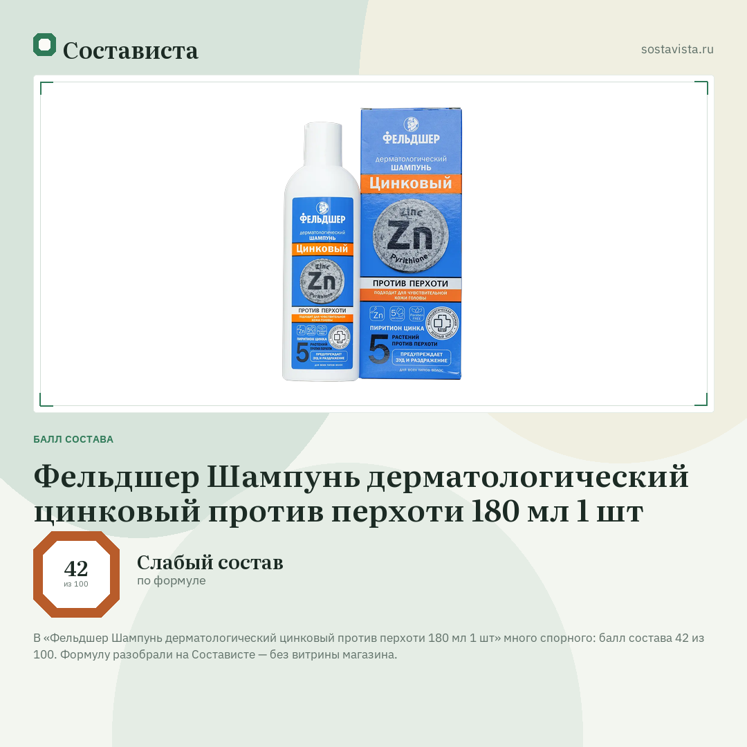 Фельдшер Шампунь дерматологический цинковый против перхоти 180 мл 1 шт: балл состава 42 из 100 — Состависта