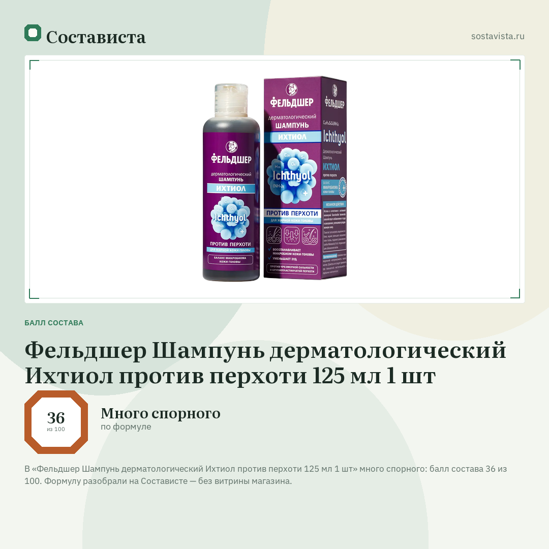 Фельдшер Шампунь дерматологический Ихтиол против перхоти 125 мл 1 шт: балл состава 36 из 100 — Состависта
