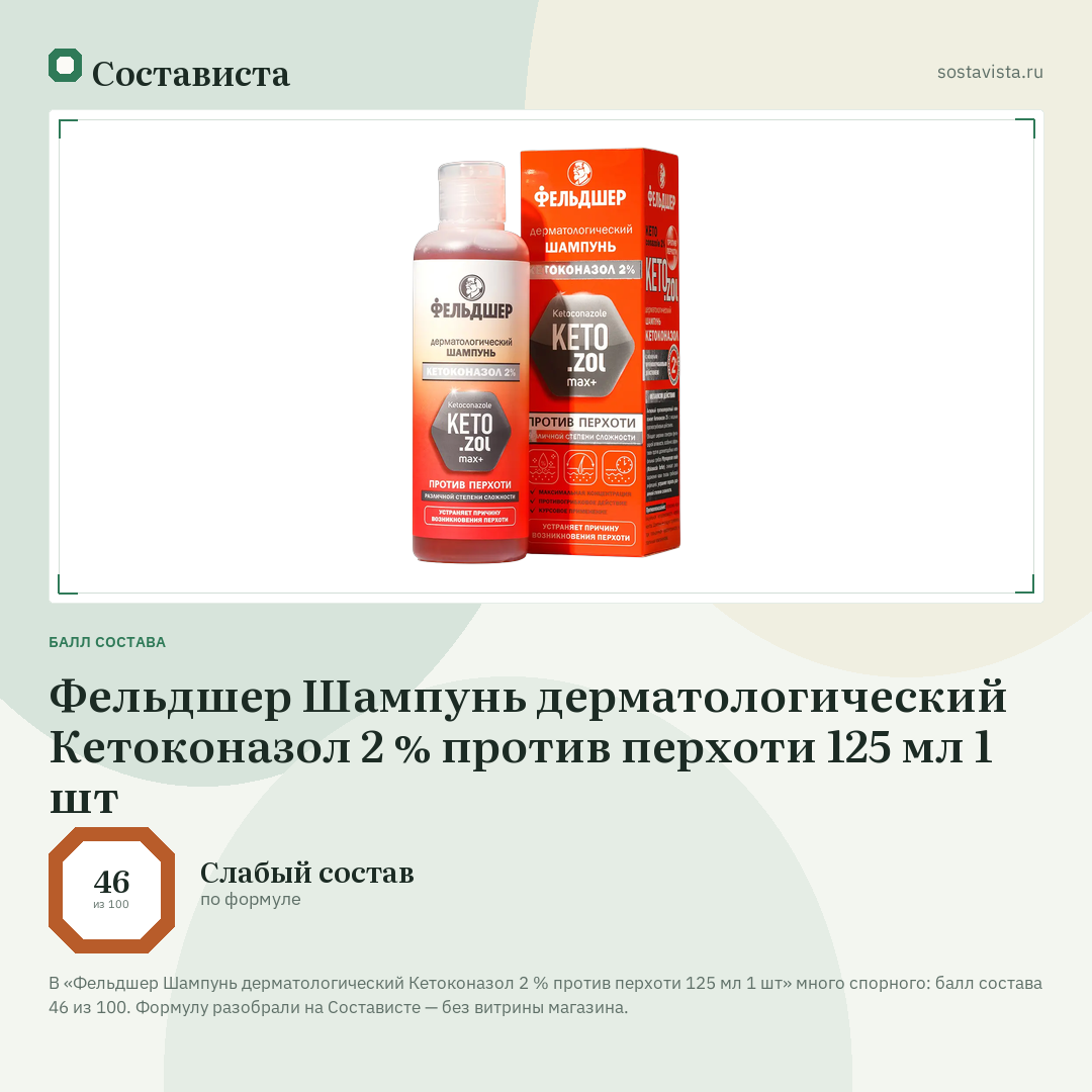 Фельдшер Шампунь дерматологический Кетоконазол 2 % против перхоти 125 мл 1 шт: балл состава 46 из 100 — Состависта
