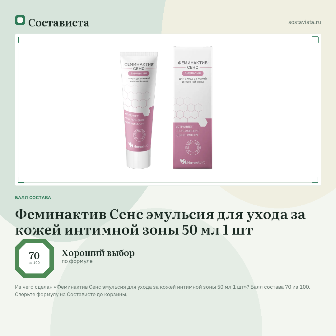 Феминактив Сенс эмульсия для ухода за кожей интимной зоны 50 мл 1 шт: балл состава 70 из 100 — Состависта