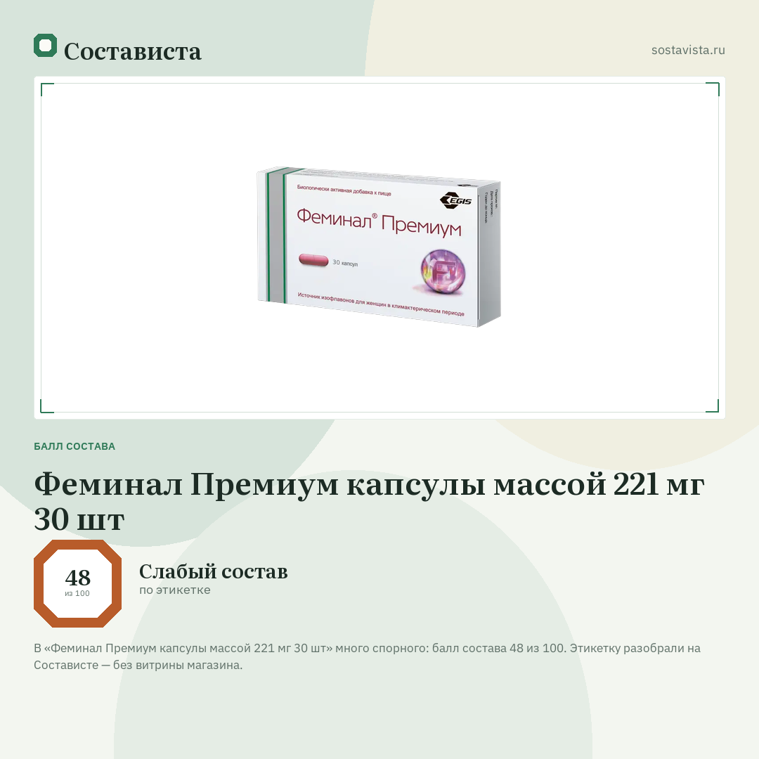Феминал Премиум капсулы массой 221 мг 30 шт: балл состава 48 из 100 — Состависта