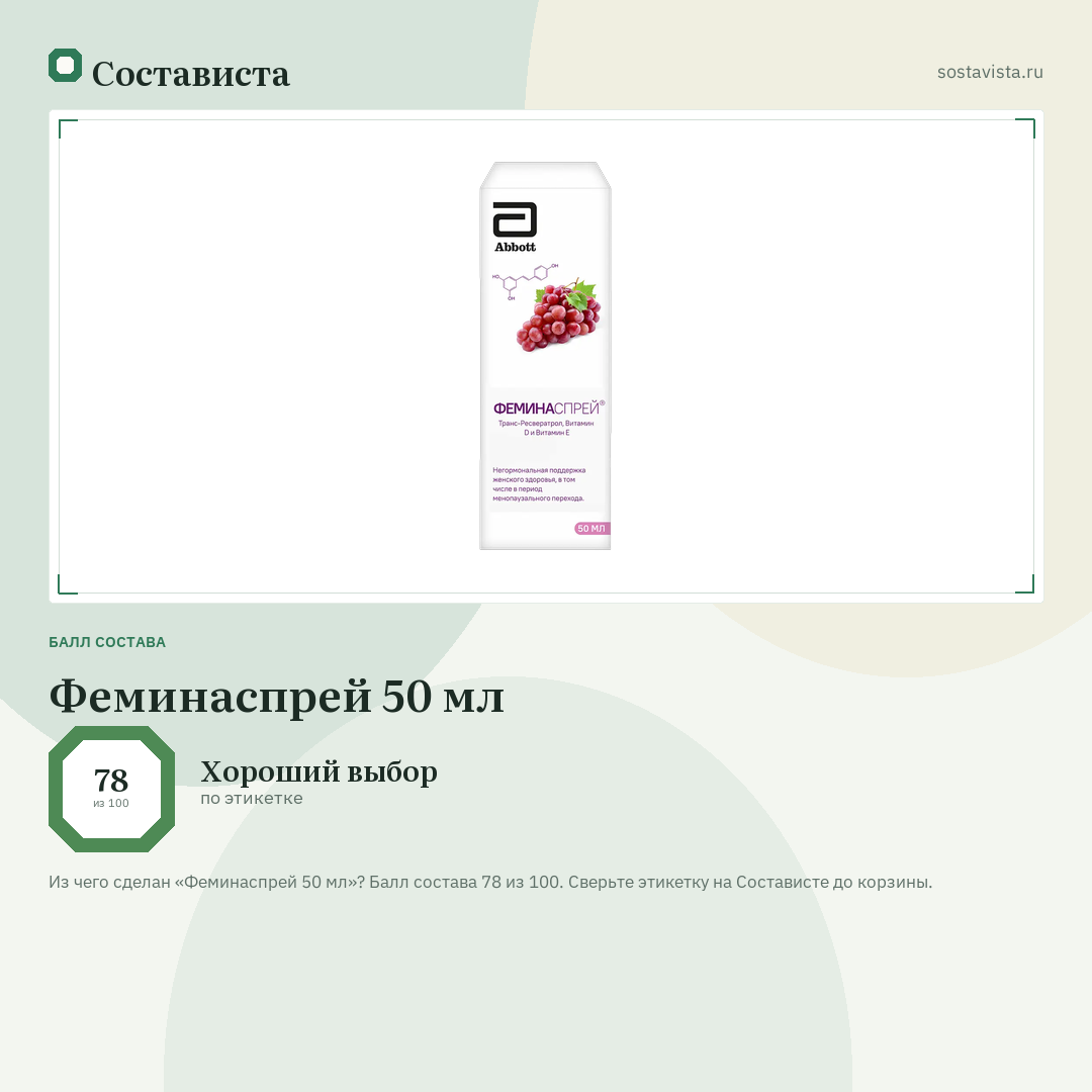 Феминаспрей 50 мл: балл состава 78 из 100 — Состависта