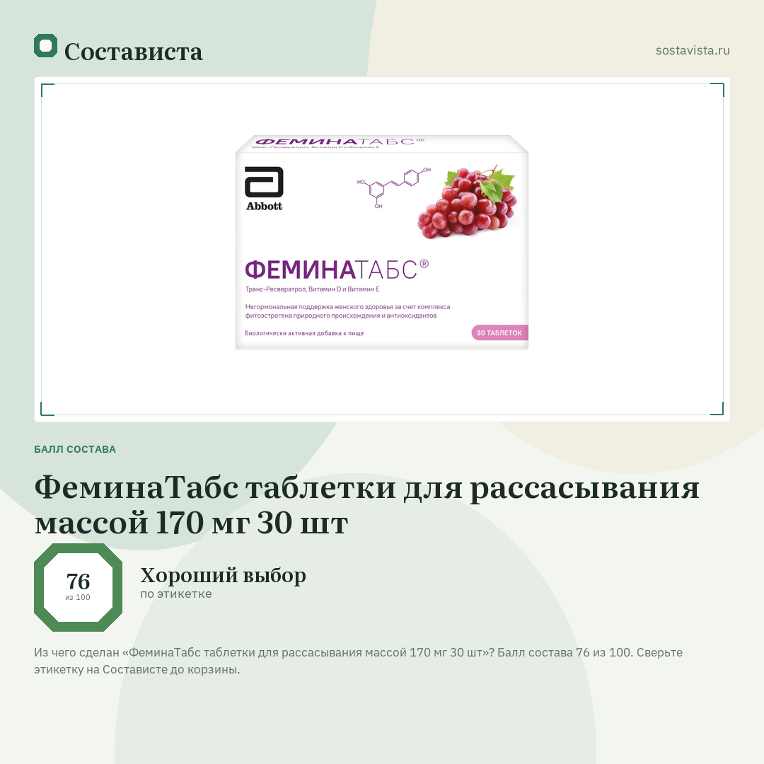 ФеминаТабс таблетки для рассасывания массой 170 мг 30 шт: балл состава 76 из 100 — Состависта