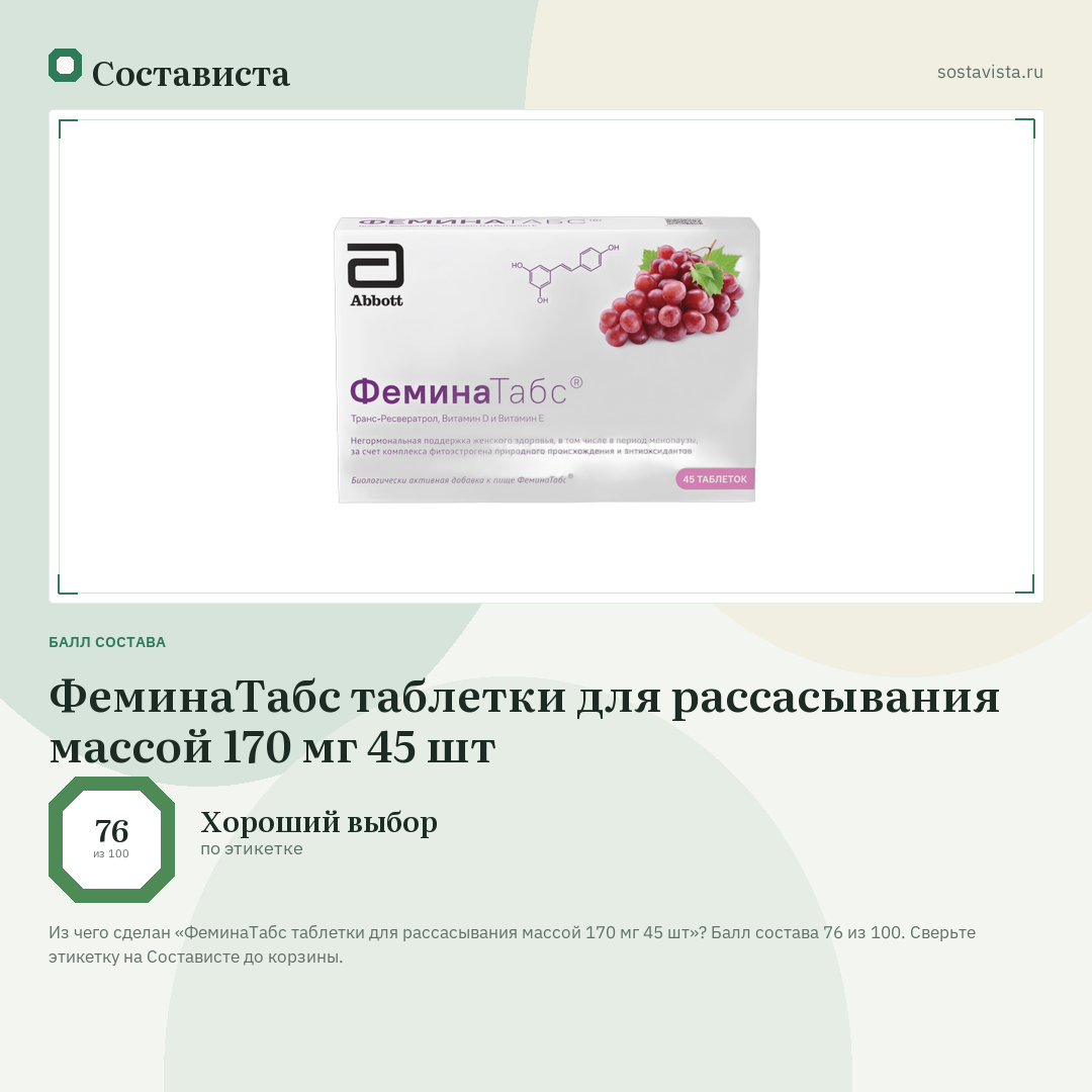 ФеминаТабс таблетки для рассасывания массой 170 мг 45 шт: балл состава 76 из 100 — Состависта