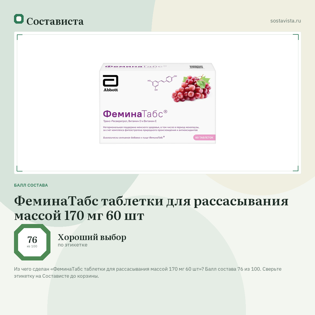 ФеминаТабс таблетки для рассасывания массой 170 мг 60 шт: балл состава 76 из 100 — Состависта