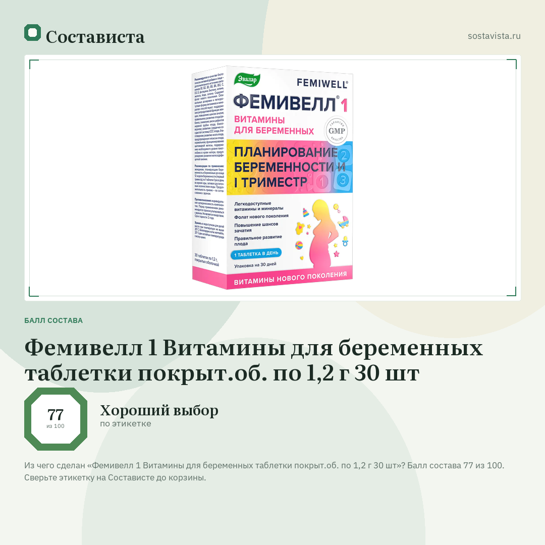 Фемивелл 1 Витамины для беременных таблетки покрыт.об. по 1,2 г 30 шт: балл состава 77 из 100 — Состависта