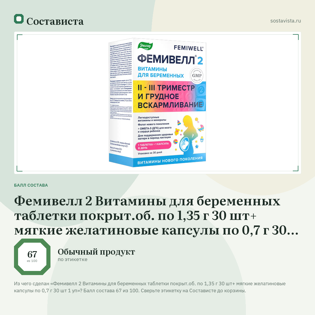Фемивелл 2 Витамины для беременных таблетки покрыт.об. по 1,35 г 30 шт+ мягкие желатиновые капсулы по 0,7 г 30 шт 1 уп: балл состава 67 из 100 — Состависта