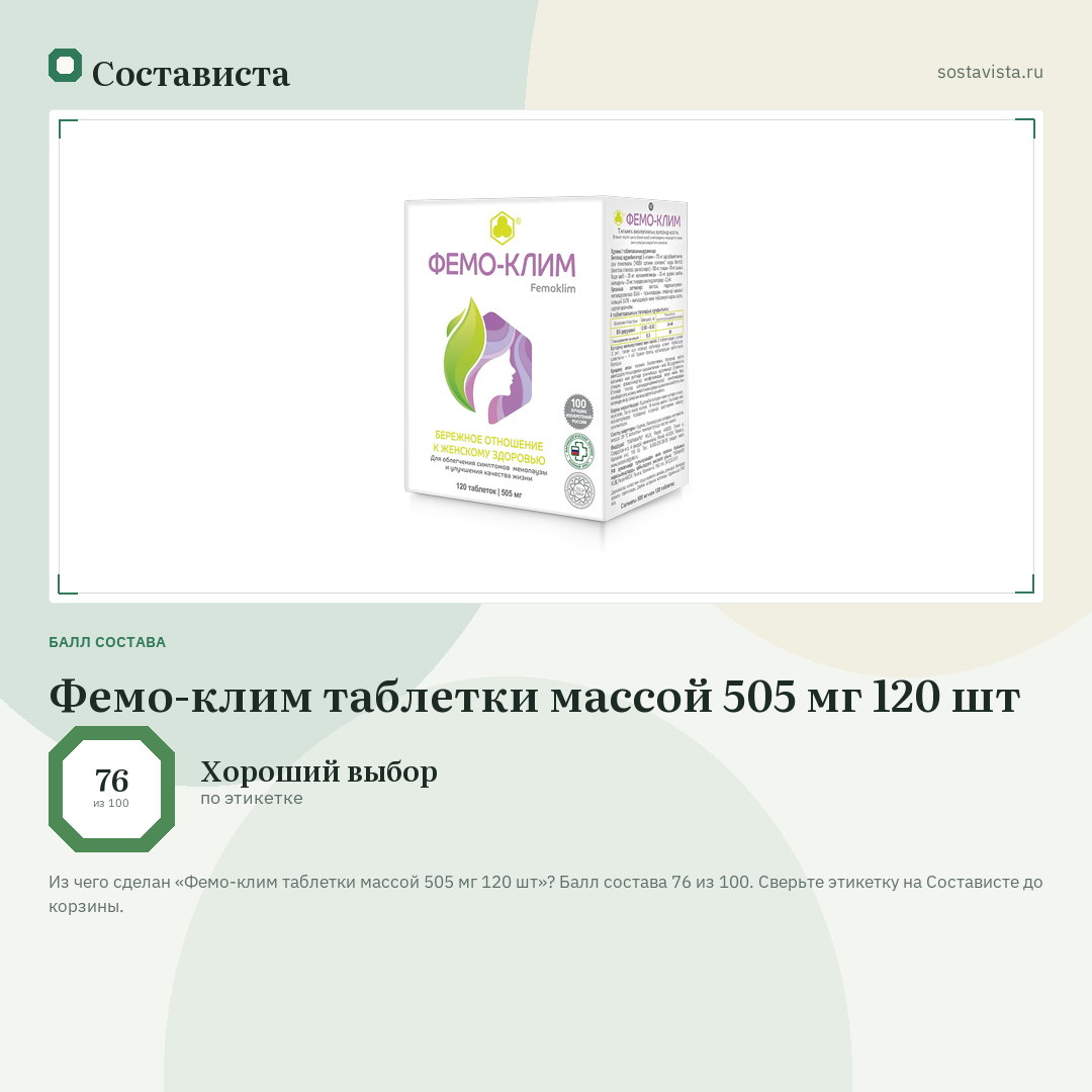 Фемо-клим таблетки массой 505 мг 120 шт: балл состава 76 из 100 — Состависта