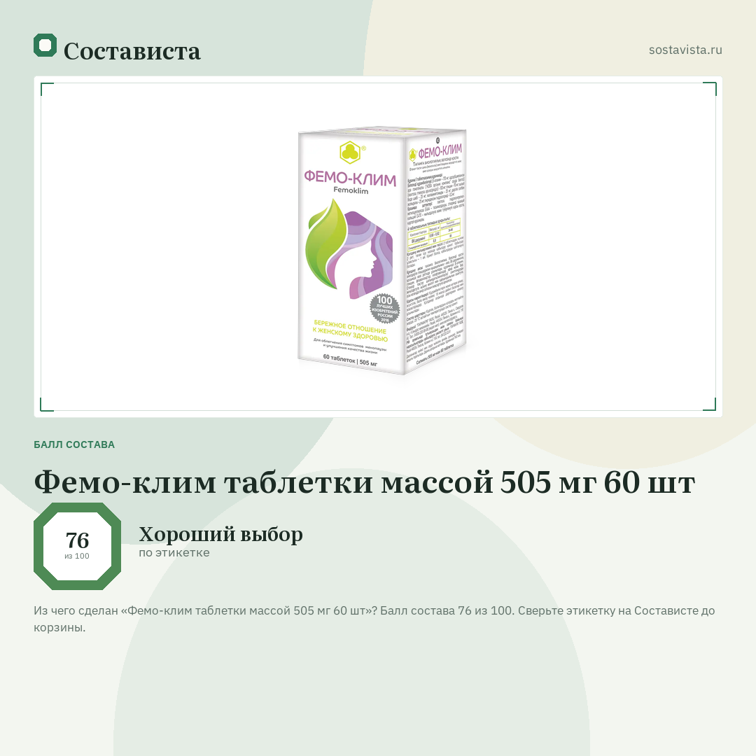 Фемо-клим таблетки массой 505 мг 60 шт: балл состава 76 из 100 — Состависта