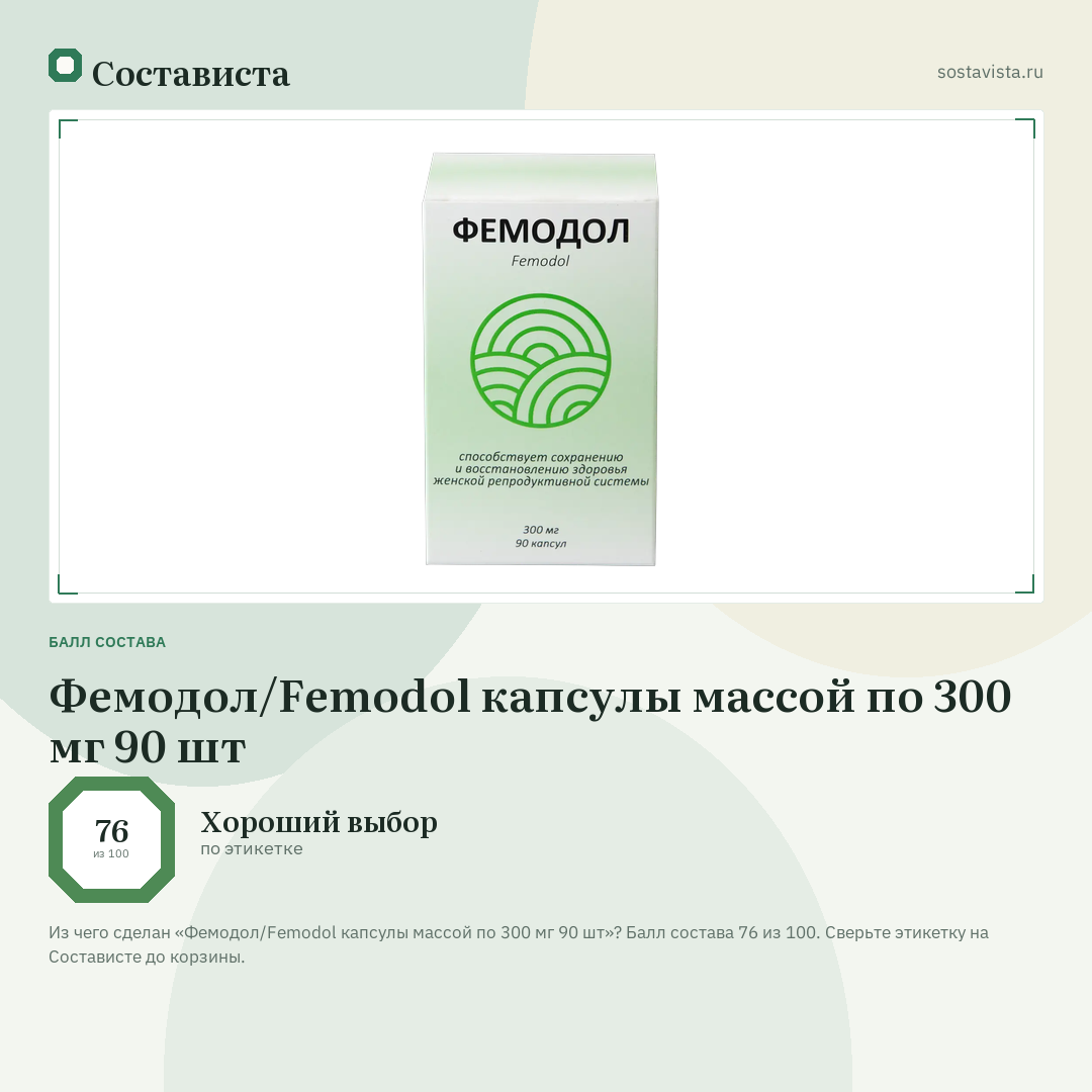 Фемодол/Femodol капсулы массой по 300 мг 90 шт: балл состава 76 из 100 — Состависта