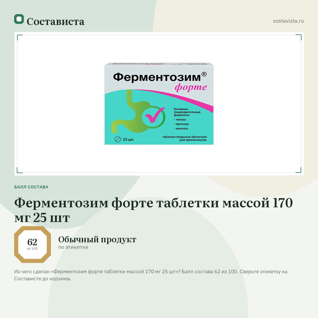 Ферментозим форте таблетки массой 170 мг 25 шт: балл состава 62 из 100 — Состависта