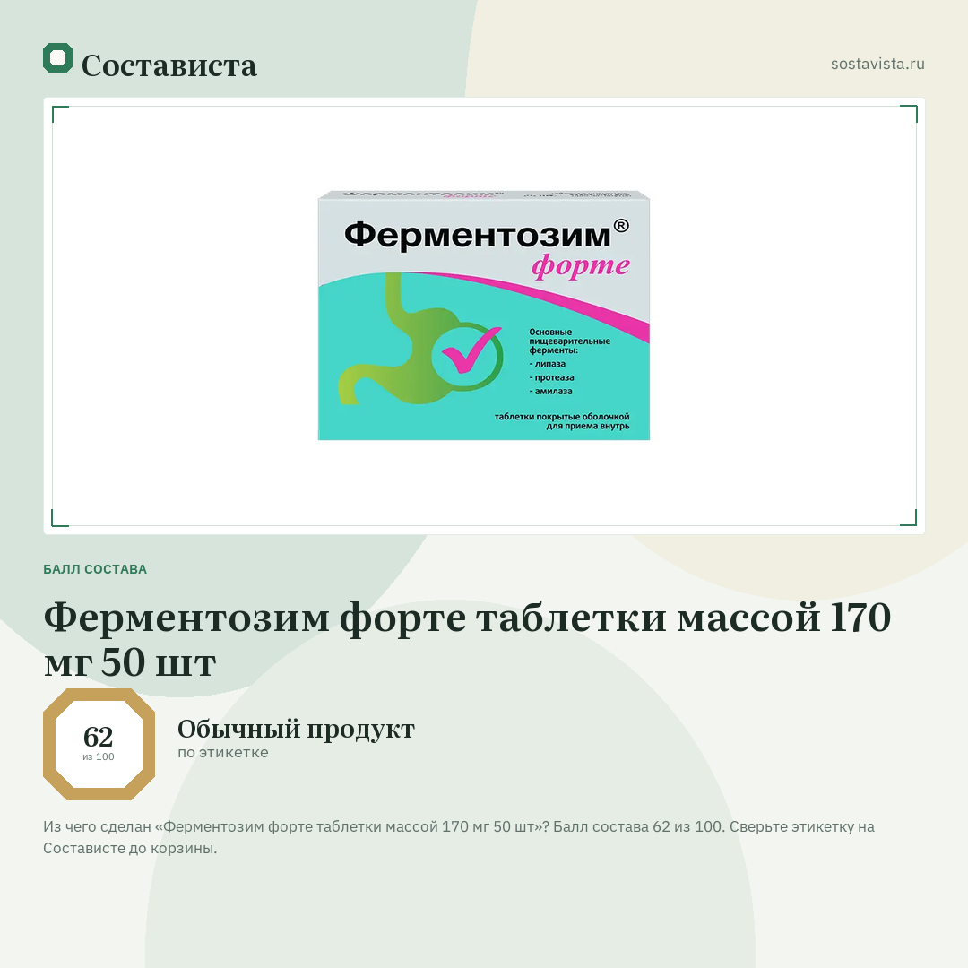 Ферментозим форте таблетки массой 170 мг 50 шт: балл состава 62 из 100 — Состависта