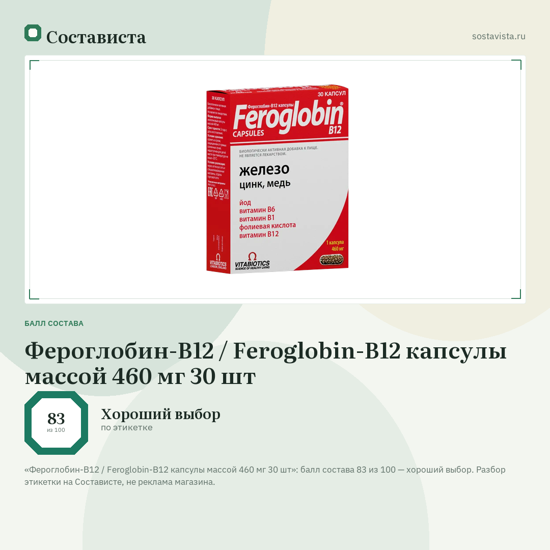 Фероглобин-В12 / Feroglobin-B12 капсулы массой 460 мг 30 шт: балл состава 83 из 100 — Состависта