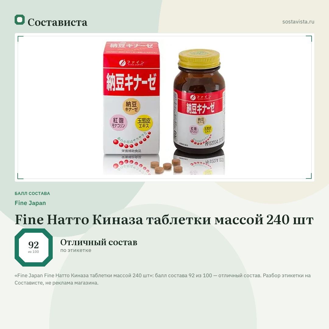 Fine Japan Fine Натто Киназа таблетки массой 240 шт: балл состава 92 из 100 — Состависта
