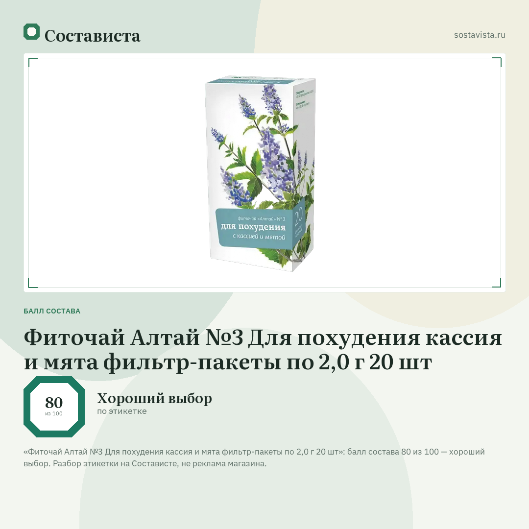 Фиточай Алтай №3 Для похудения кассия и мята фильтр-пакеты по 2,0 г 20 шт: балл состава 80 из 100 — Состависта