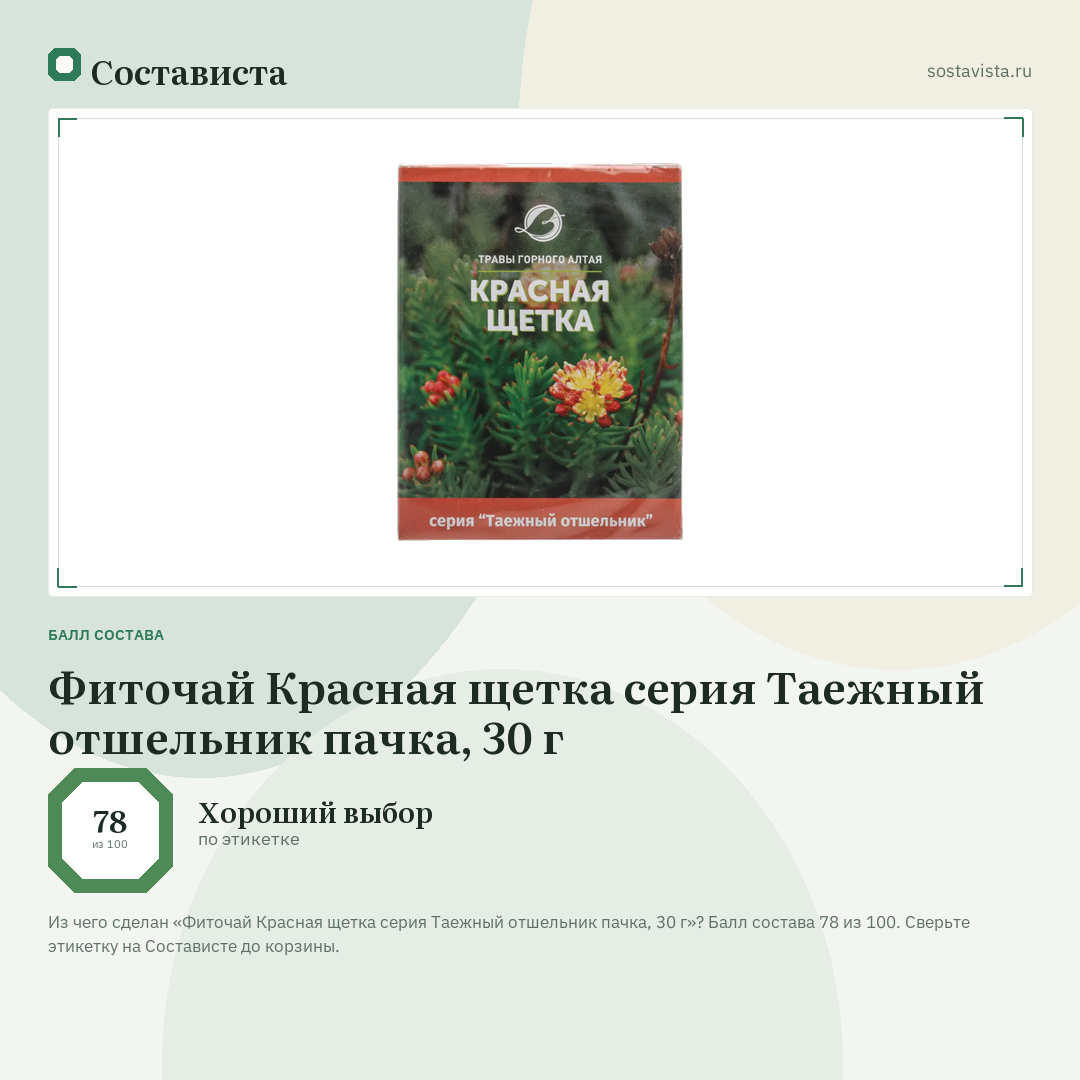 Фиточай Красная щетка серия Таежный отшельник пачка, 30 г: балл состава 78 из 100 — Состависта
