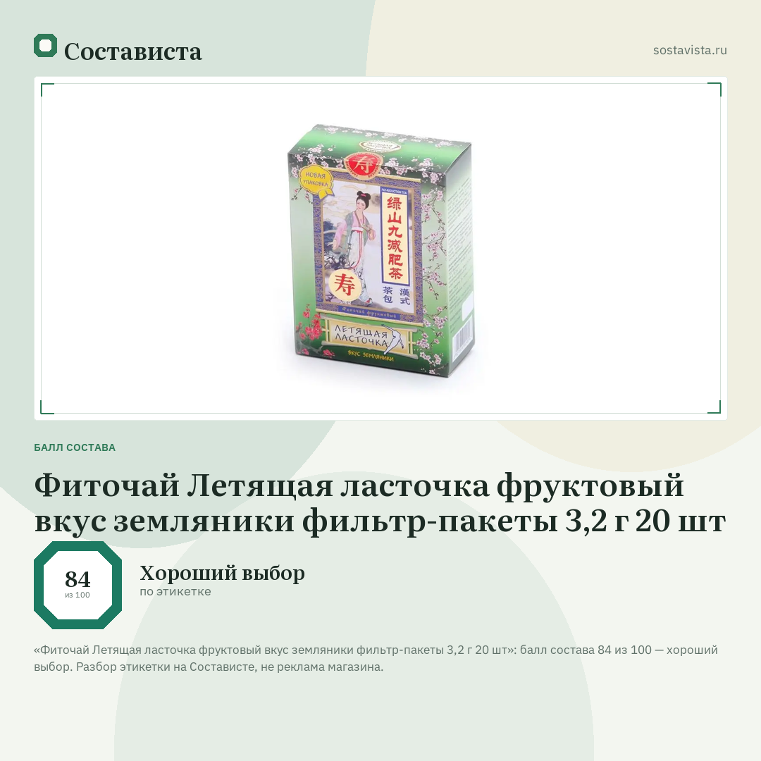 Фиточай Летящая ласточка фруктовый вкус земляники фильтр-пакеты 3,2 г 20 шт: балл состава 84 из 100 — Состависта