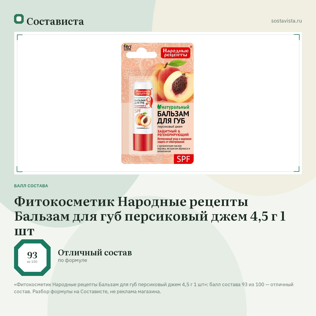 Фитокосметик Народные рецепты Бальзам для губ персиковый джем 4,5 г 1 шт: балл состава 93 из 100 — Состависта