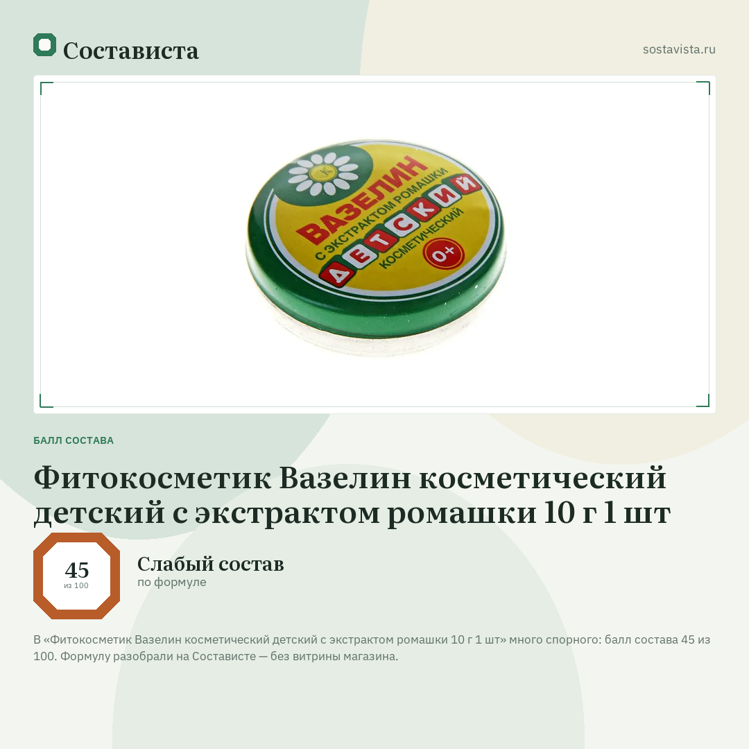 Фитокосметик Вазелин косметический детский с экстрактом ромашки 10 г 1 шт: балл состава 45 из 100 — Состависта