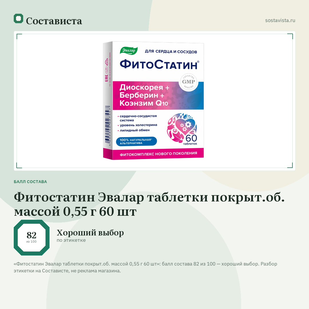 Фитостатин Эвалар таблетки покрыт.об. массой 0,55 г 60 шт: балл состава 82 из 100 — Состависта