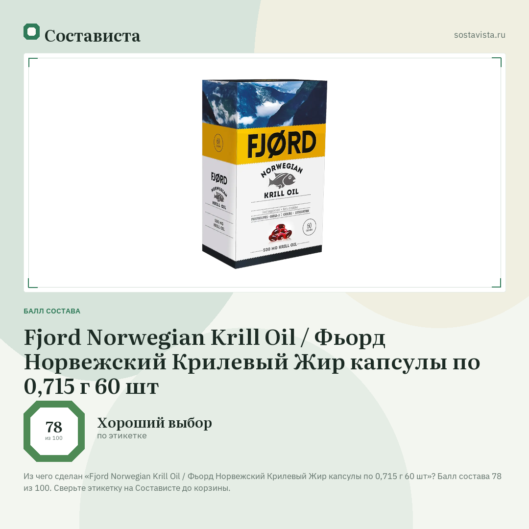Fjord Norwegian Krill Oil / Фьорд Норвежский Крилевый Жир капсулы по 0,715 г 60 шт: балл состава 78 из 100 — Состависта