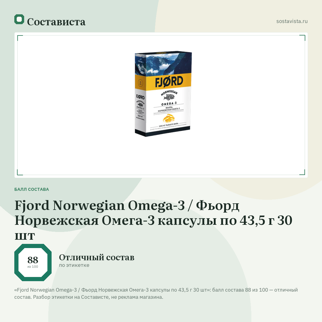 Fjord Norwegian Omega-3 / Фьорд Норвежская Омега-3 капсулы по 43,5 г 30 шт: балл состава 88 из 100 — Состависта