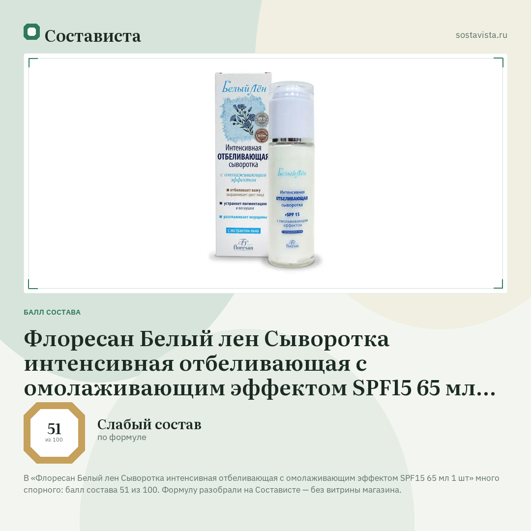 Флоресан Белый лен Сыворотка интенсивная отбеливающая с омолаживающим эффектом SPF15 65 мл 1 шт: балл состава 51 из 100 — Состависта
