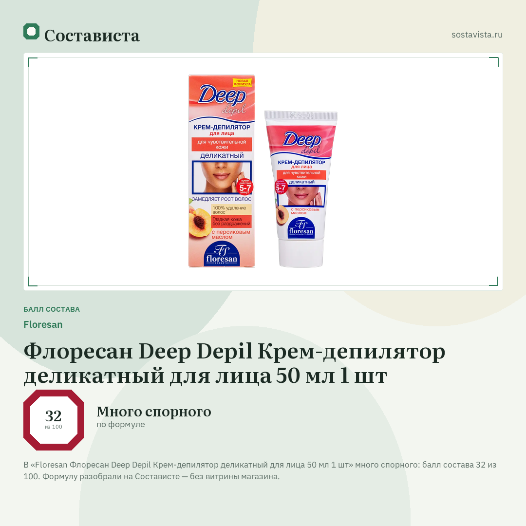 Floresan Флоресан Deep Depil Крем-депилятор деликатный для лица 50 мл 1 шт: балл состава 32 из 100 — Состависта