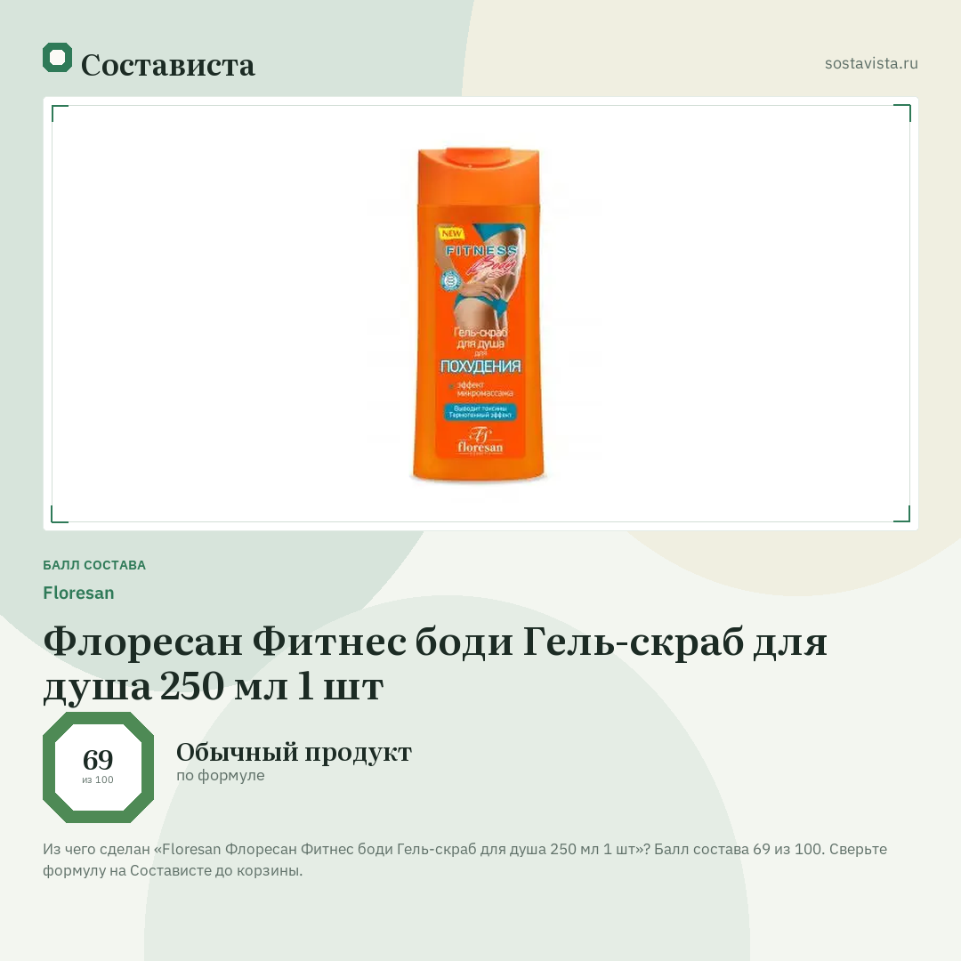 Floresan Флоресан Фитнес боди Гель-скраб для душа 250 мл 1 шт: балл состава 69 из 100 — Состависта
