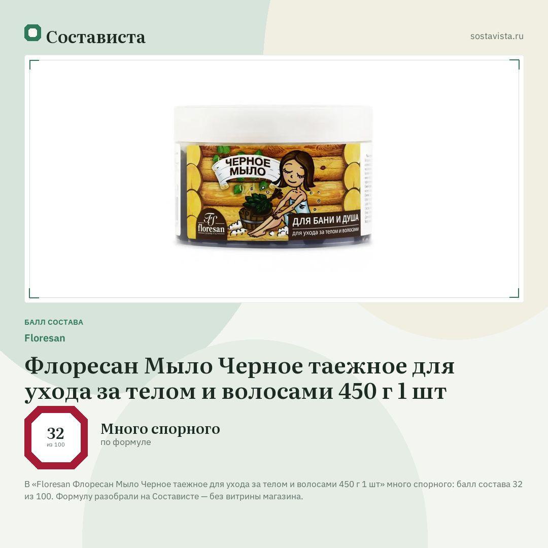 Floresan Флоресан Мыло Черное таежное для ухода за телом и волосами 450 г 1 шт: балл состава 32 из 100 — Состависта