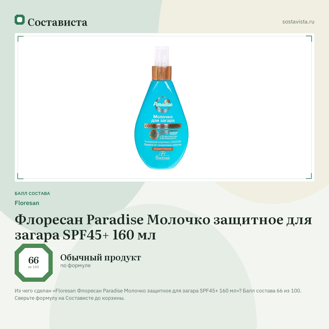 Floresan Флоресан Paradise Молочко защитное для загара SPF45+ 160 мл: балл состава 66 из 100 — Состависта