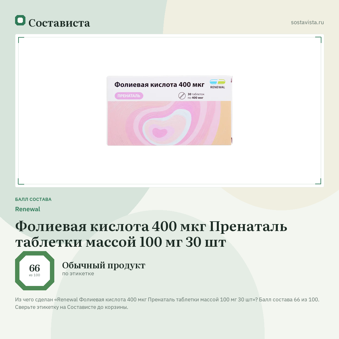 Renewal Фолиевая кислота 400 мкг Пренаталь таблетки массой 100 мг 30 шт: балл состава 66 из 100 — Состависта