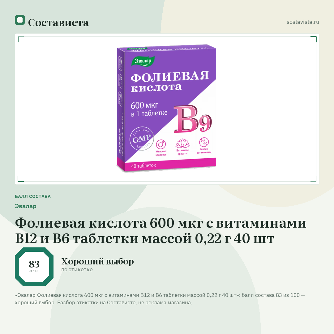 Эвалар Фолиевая кислота 600 мкг с витаминами В12 и В6 таблетки массой 0,22 г 40 шт: балл состава 83 из 100 — Состависта