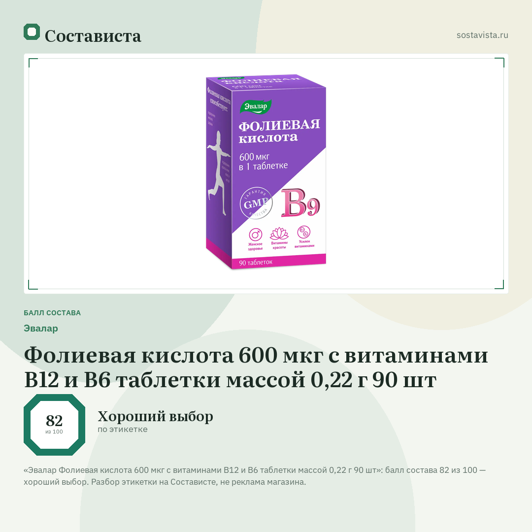 Эвалар Фолиевая кислота 600 мкг с витаминами В12 и В6 таблетки массой 0,22 г 90 шт: балл состава 82 из 100 — Состависта