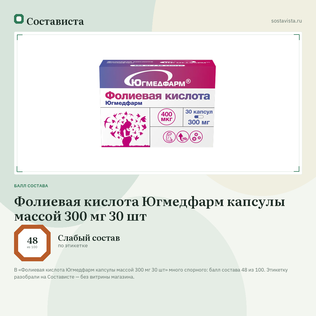 Фолиевая кислота Югмедфарм капсулы массой 300 мг 30 шт: балл состава 48 из 100 — Состависта