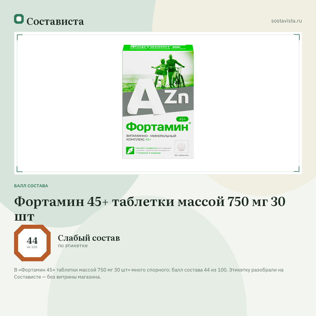 Фортамин 45+ таблетки массой 750 мг 30 шт: балл состава 44 из 100 — Состависта