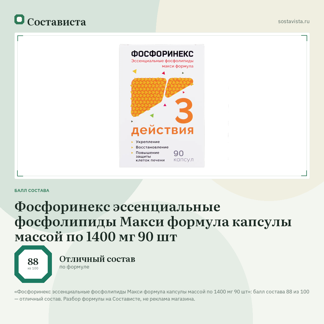 Фосфоринекс эссенциальные фосфолипиды Макси формула капсулы массой по 1400 мг 90 шт: балл состава 88 из 100 — Состависта