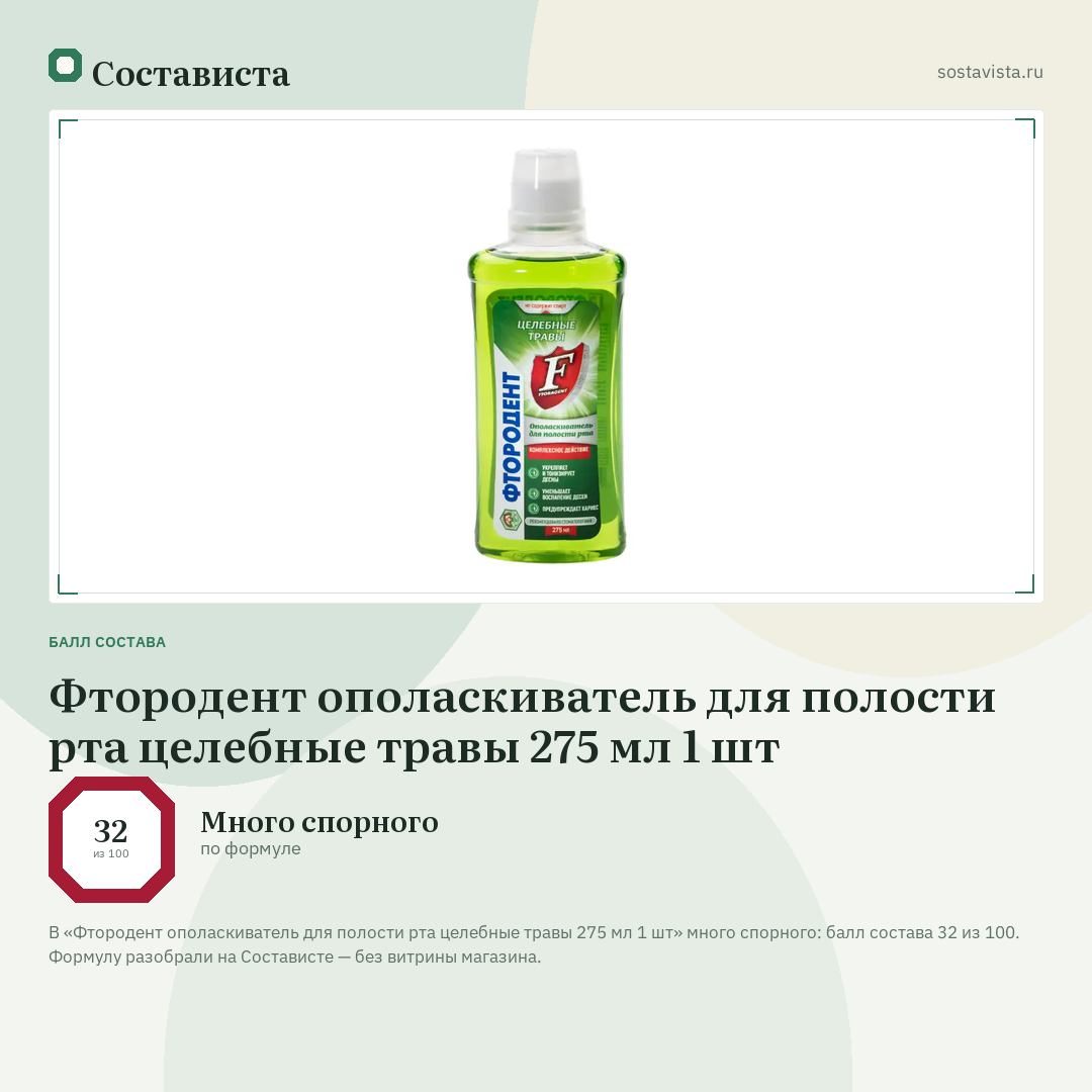 Фтородент ополаскиватель для полости рта целебные травы 275 мл 1 шт: балл состава 32 из 100 — Состависта