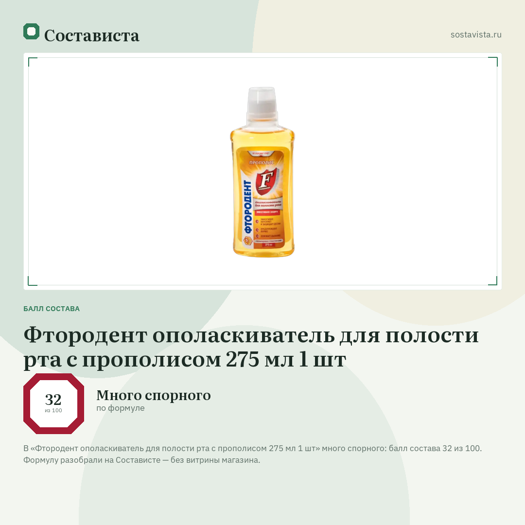 Фтородент ополаскиватель для полости рта с прополисом 275 мл 1 шт: балл состава 32 из 100 — Состависта