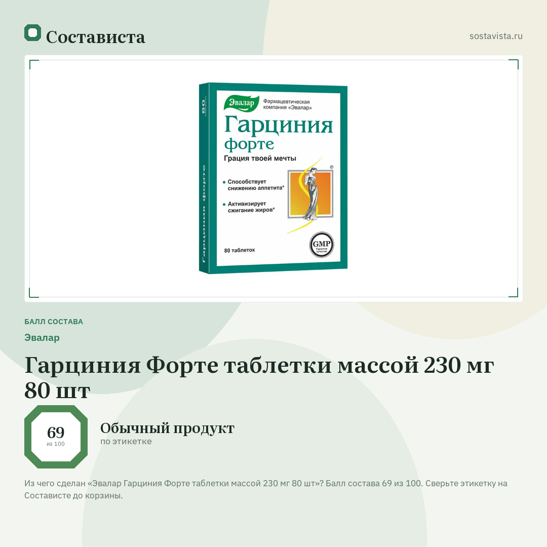 Эвалар Гарциния Форте таблетки массой 230 мг 80 шт: балл состава 69 из 100 — Состависта