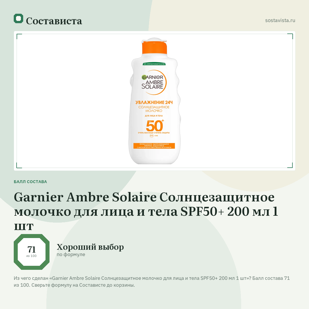 Garnier Ambre Solaire Солнцезащитное молочко для лица и тела SPF50+ 200 мл 1 шт: балл состава 71 из 100 — Состависта