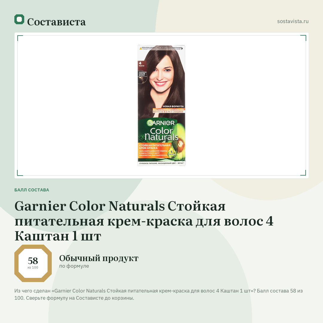 Garnier Color Naturals Стойкая питательная крем-краска для волос 4 Каштан 1 шт: балл состава 58 из 100 — Состависта