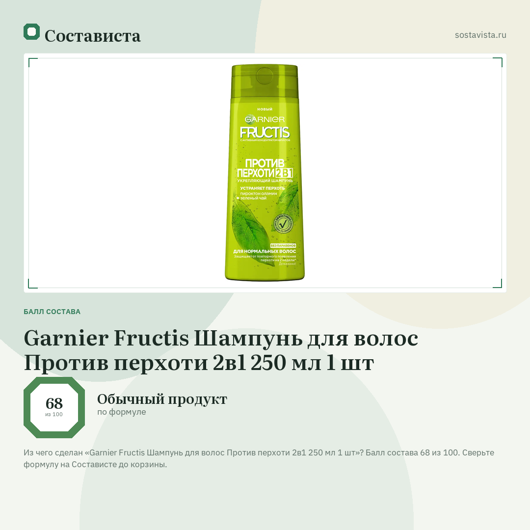 Garnier Fructis Шампунь для волос Против перхоти 2в1 250 мл 1 шт: балл состава 68 из 100 — Состависта