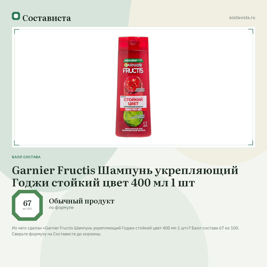 Garnier Fructis Шампунь укрепляющий Годжи стойкий цвет 400 мл 1 шт: балл состава 67 из 100 — Состависта