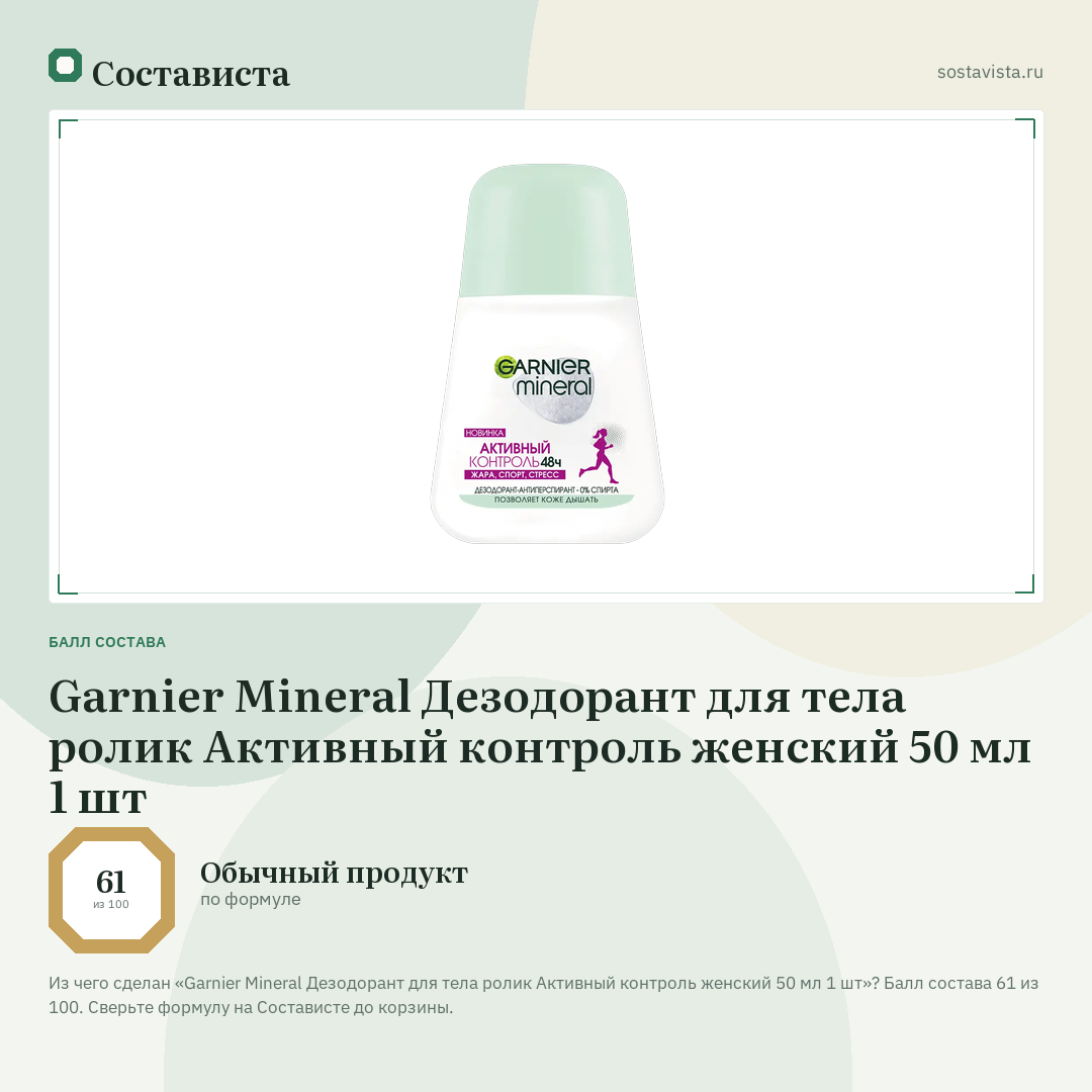 Garnier Mineral Дезодорант для тела ролик Активный контроль женский 50 мл 1 шт: балл состава 61 из 100 — Состависта