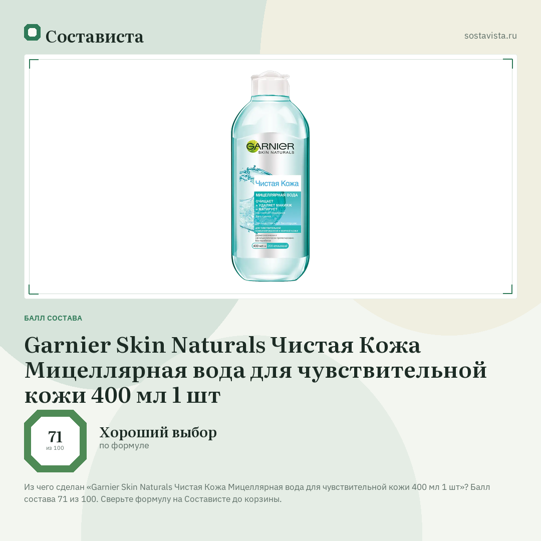 Garnier Skin Naturals Чистая Кожа Мицеллярная вода для чувствительной кожи 400 мл 1 шт: балл состава 71 из 100 — Состависта